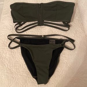 T by Alexander Wang army green bandeau bikini with zipper top & cut out bottom!